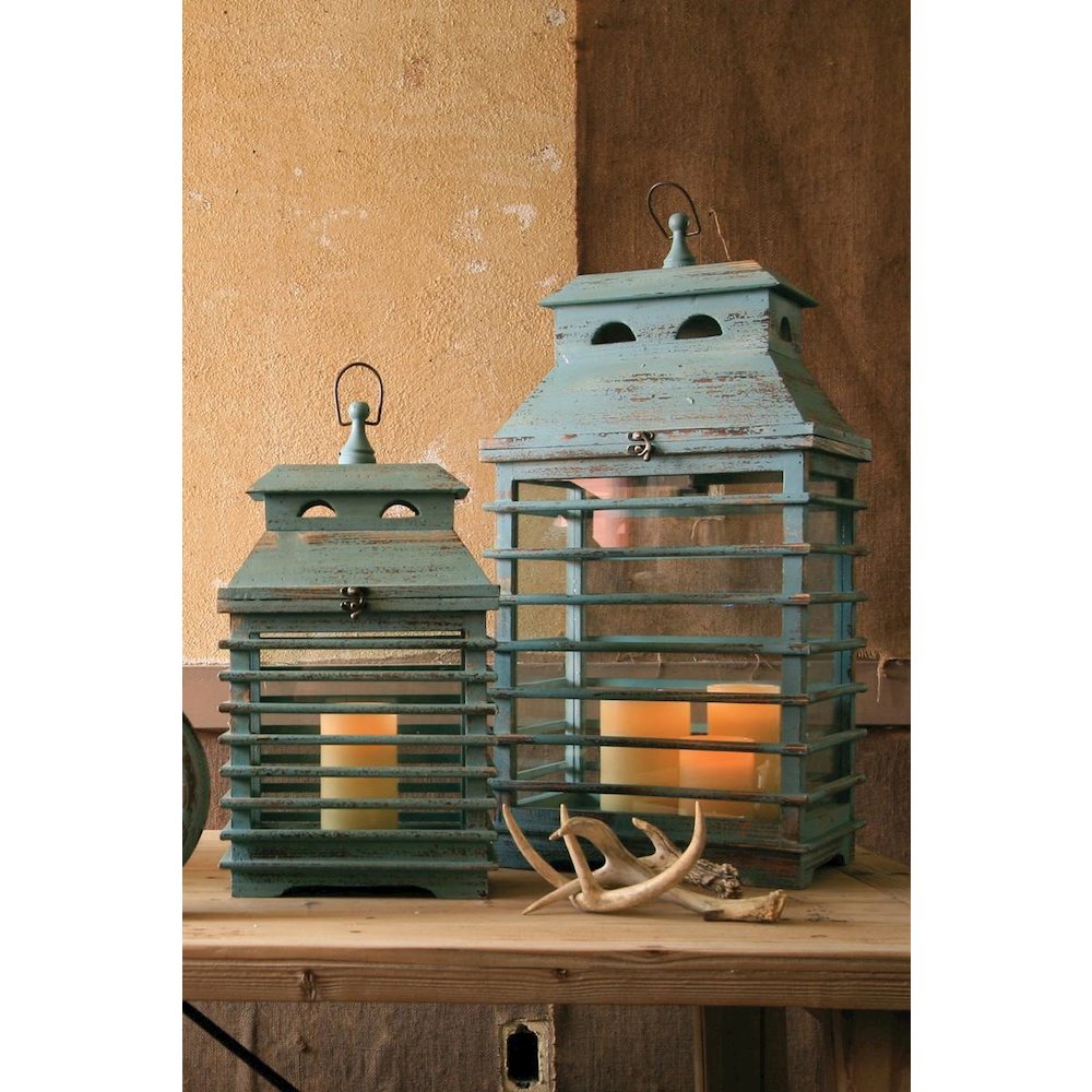 Set Of Two Vintage Blue Shutter Lanterns