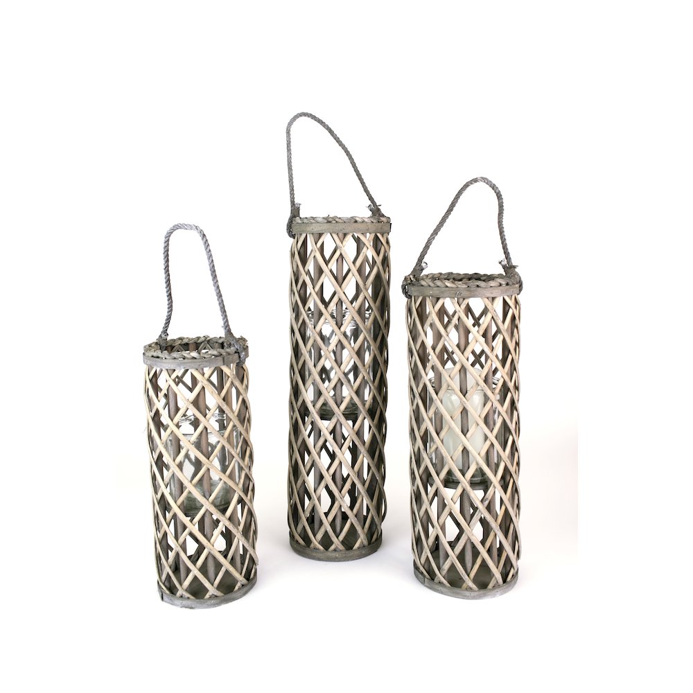 Set Of Three Willow Lanterns With Glass - Grey