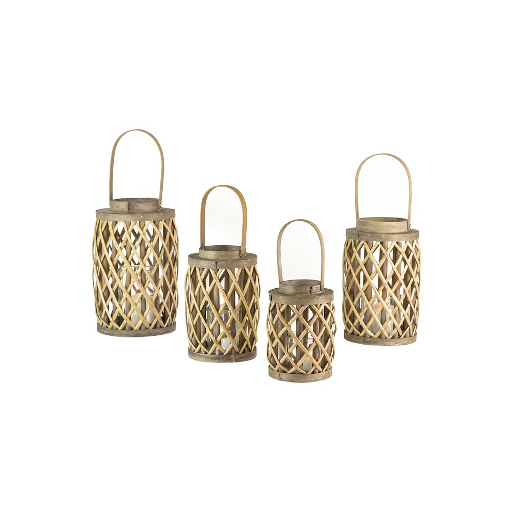 Set Of Four Grey Willow Cylinder Lanterns W Glass Inserts