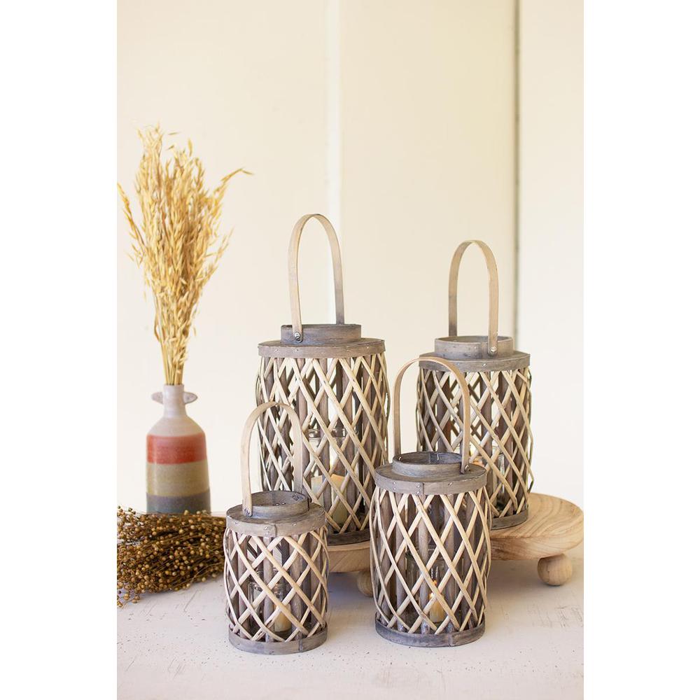 Set Of Four Grey Willow Cylinder Lanterns W Glass Inserts