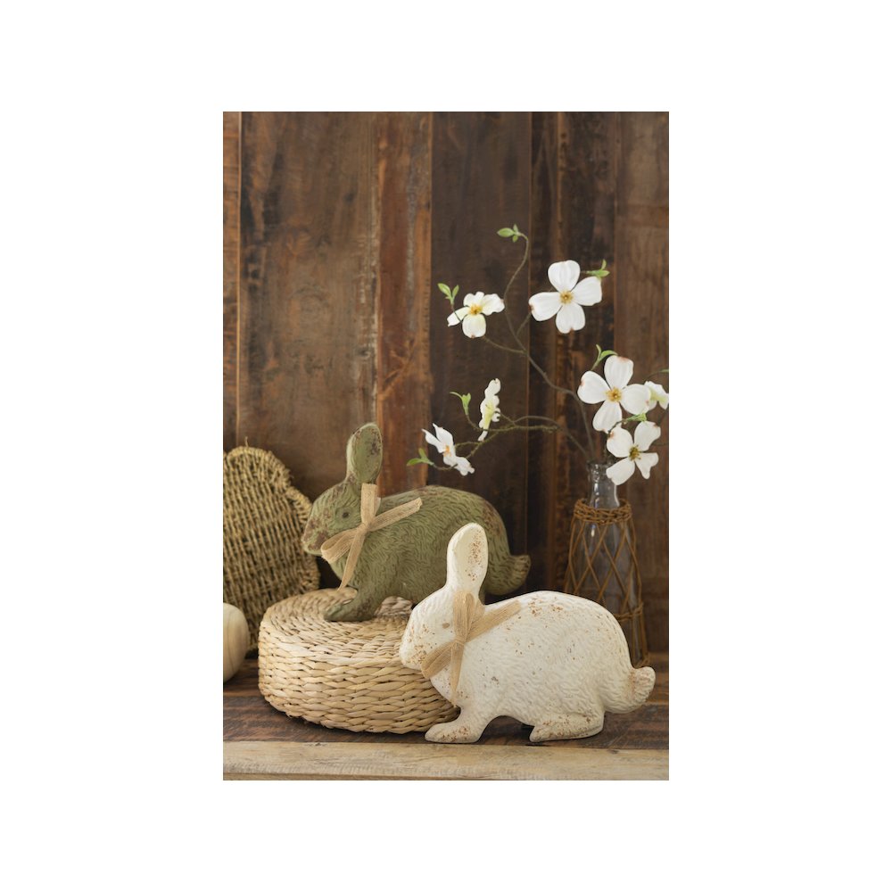 Set Of Two Painted Metal Rabbits - Green And White