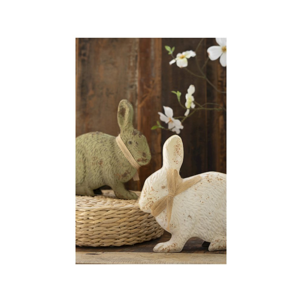 Set Of Two Painted Metal Rabbits - Green And White