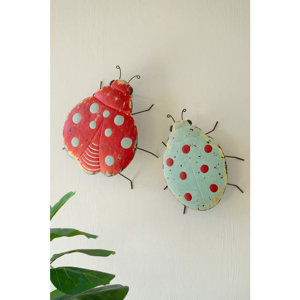 Set Of Two Painted Metal Lady Bug Wall Art