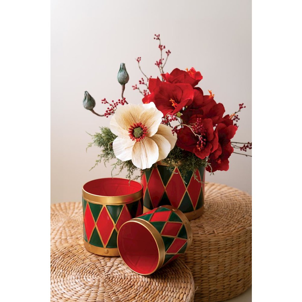 Set of Three Painted Metal Drum Christmas Planters