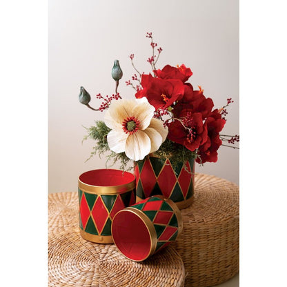 Set of Three Painted Metal Drum Christmas Planters