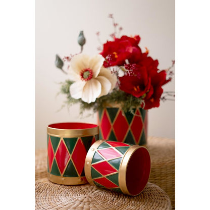 Set of Three Painted Metal Drum Christmas Planters