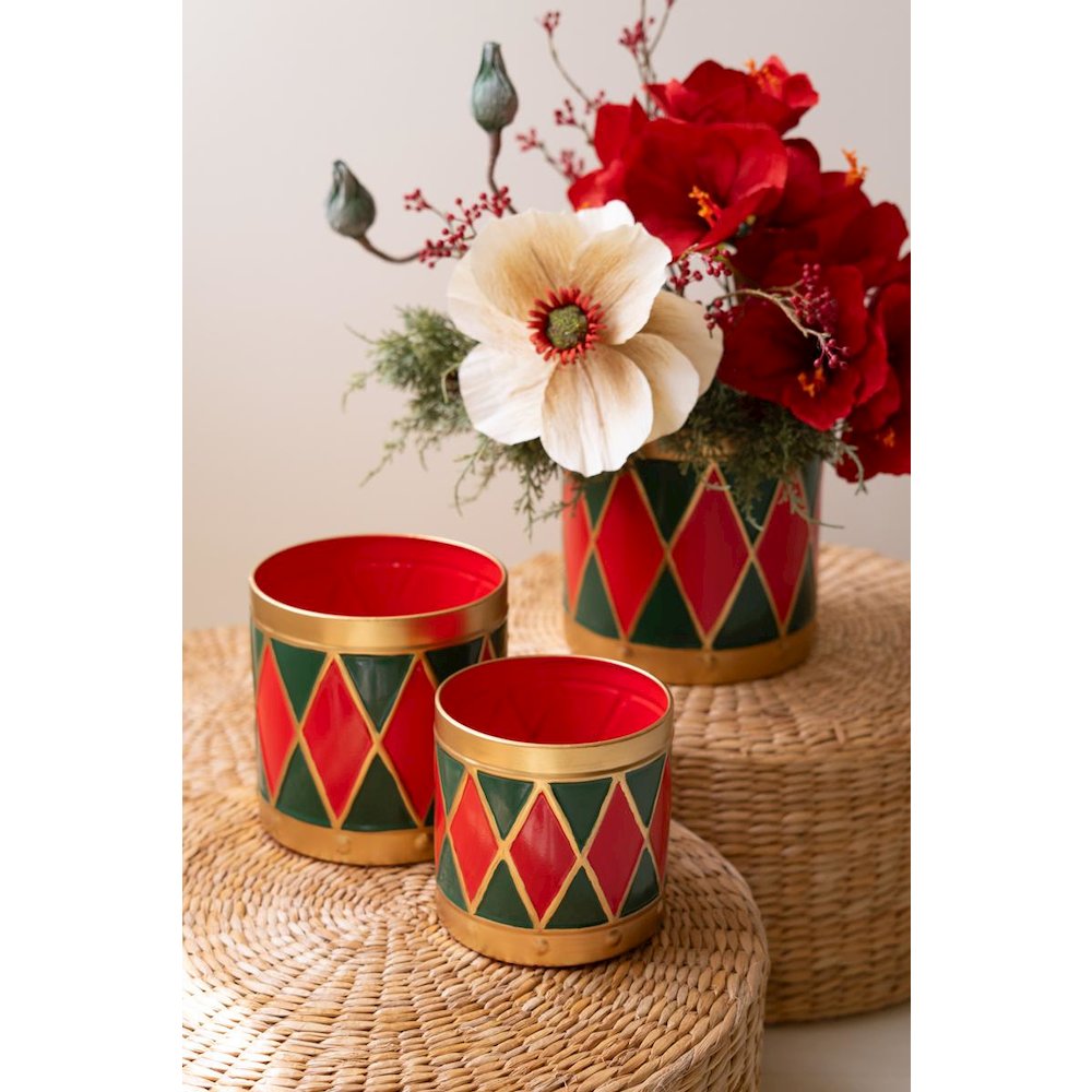 Set of Three Painted Metal Drum Christmas Planters