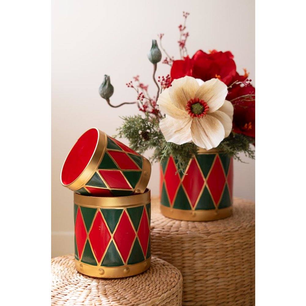 Set of Three Painted Metal Drum Christmas Planters