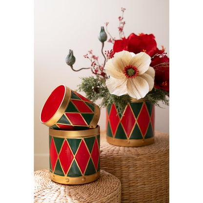Set of Three Painted Metal Drum Christmas Planters