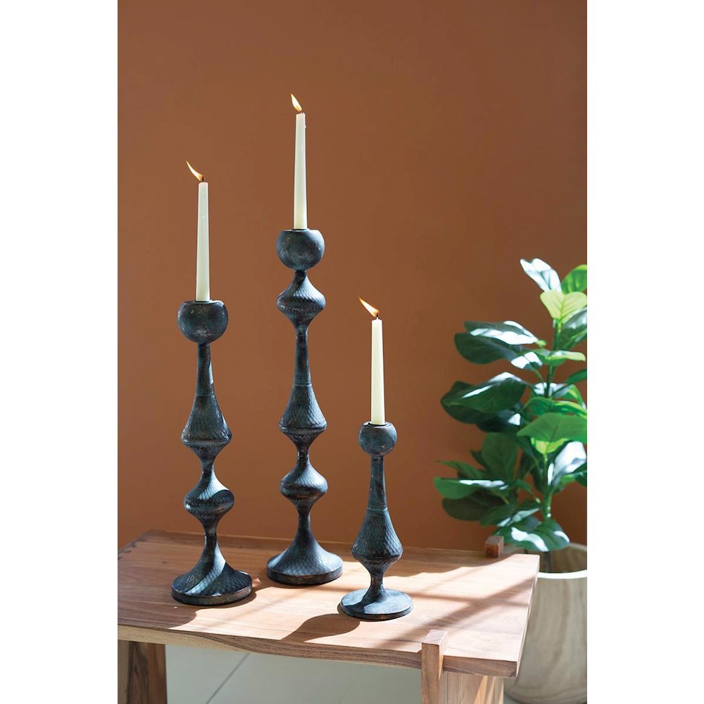 Set Of Three Patina Metal Candle Towers