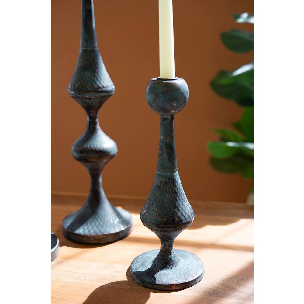 Set Of Three Patina Metal Candle Towers