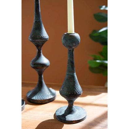 Set Of Three Patina Metal Candle Towers