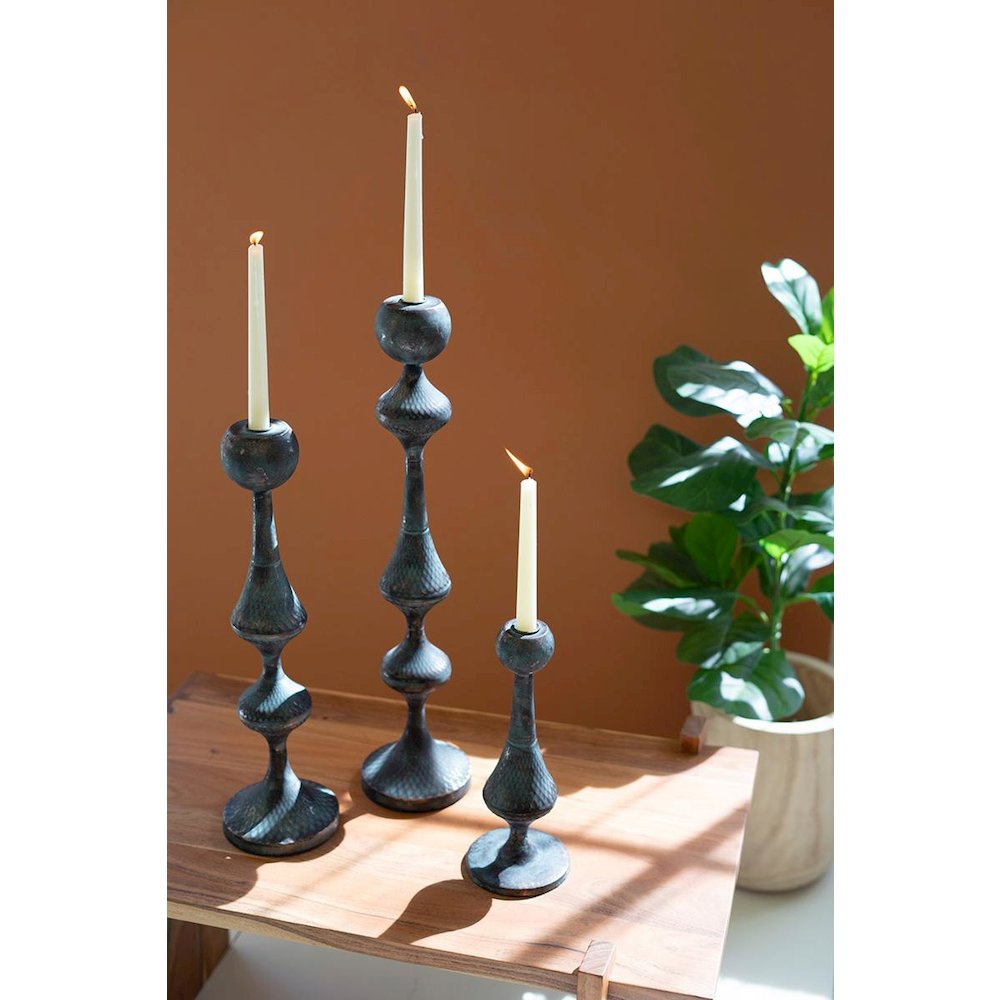 Set Of Three Patina Metal Candle Towers