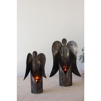 Set Of Two Rustic Metal Angel Candle Holders