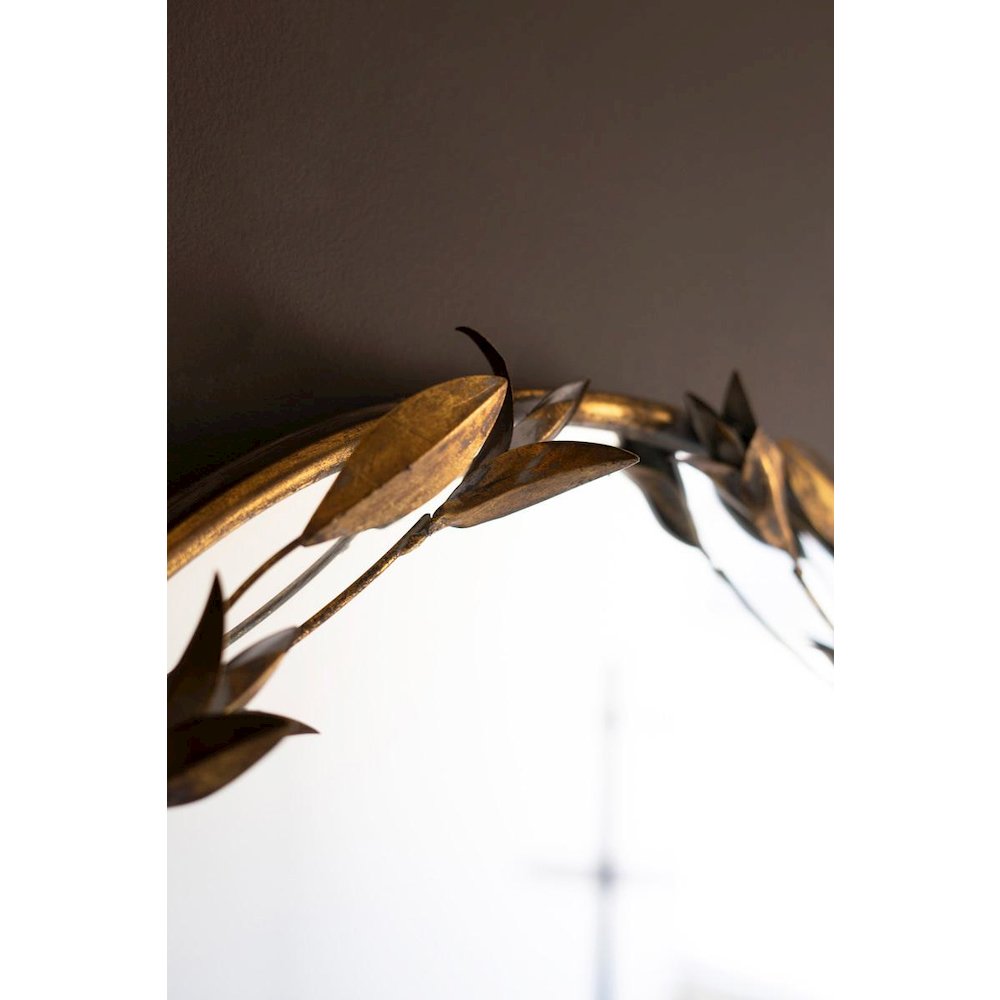 Tall Arched Antique Brass Framed Mirror With Leaves