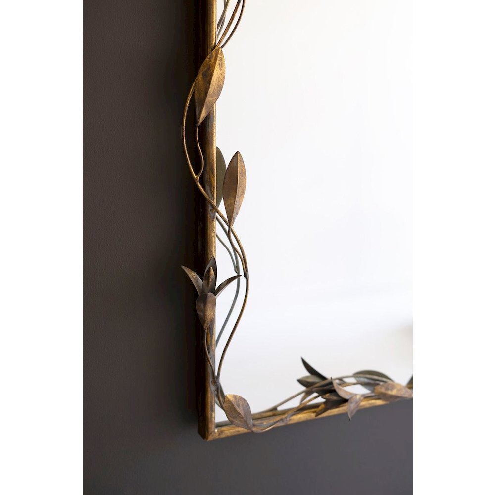 Tall Arched Antique Brass Framed Mirror With Leaves