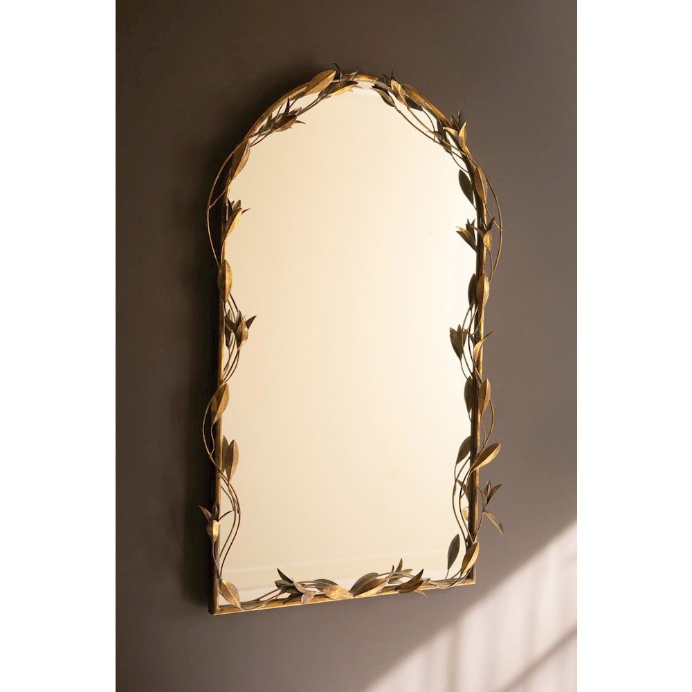Tall Arched Antique Brass Framed Mirror With Leaves