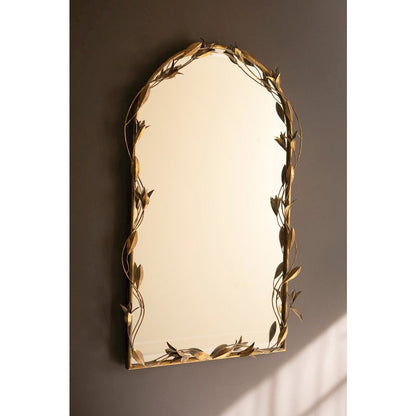 Tall Arched Antique Brass Framed Mirror With Leaves