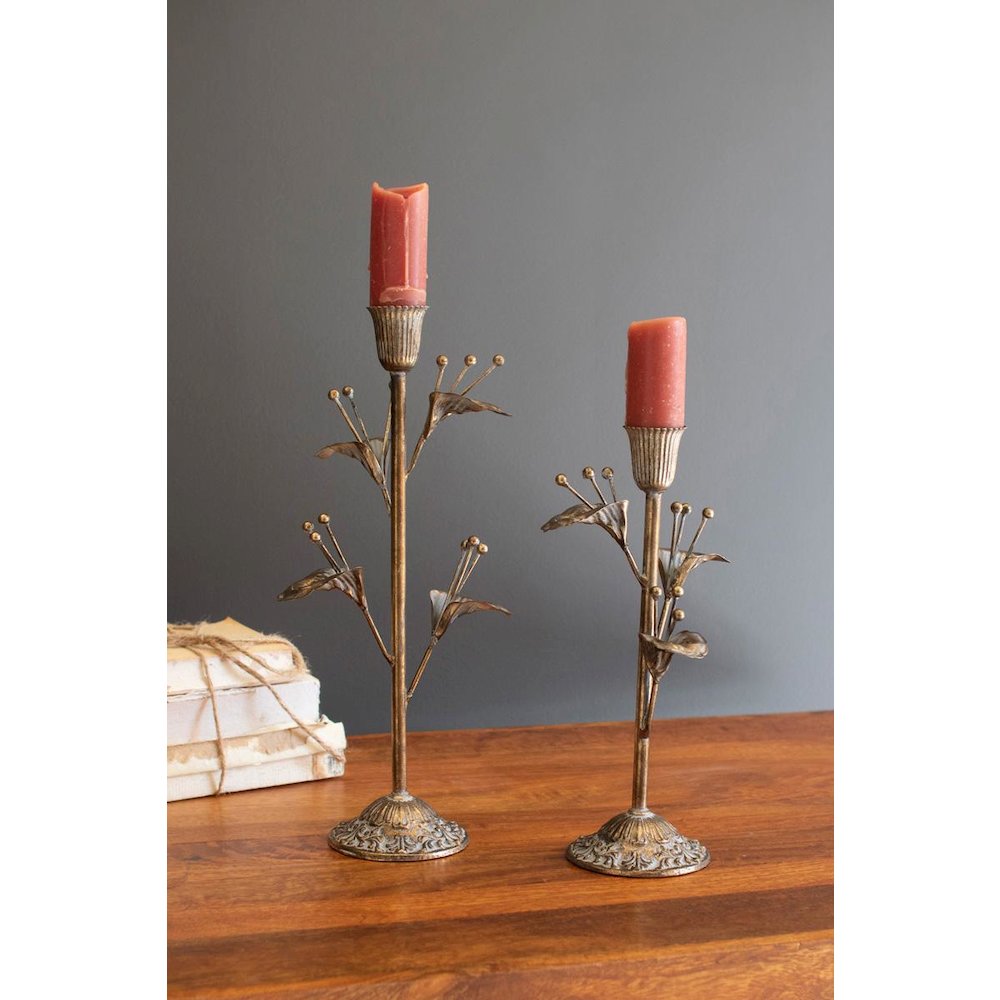 Set Of Two Antique Brass Flower Taper Candle Holders