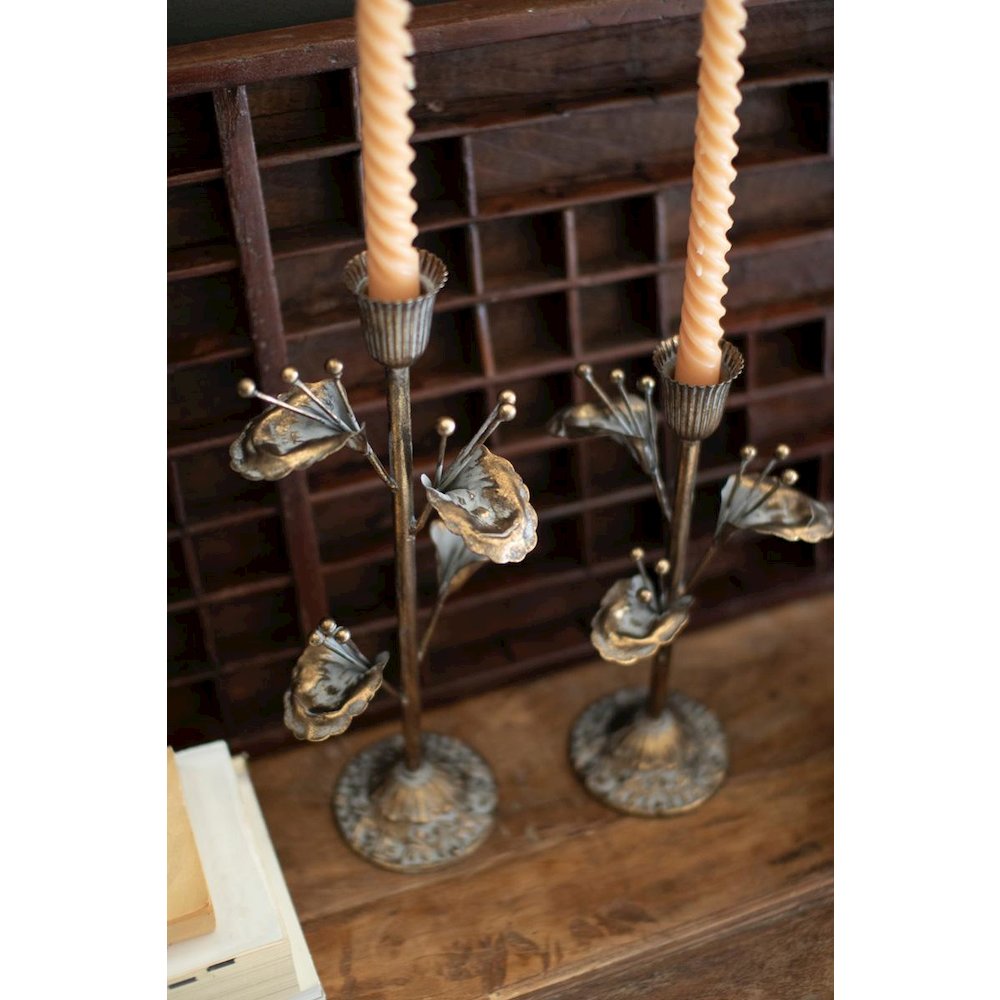 Set Of Two Antique Brass Flower Taper Candle Holders