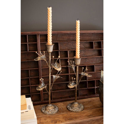 Set Of Two Antique Brass Flower Taper Candle Holders