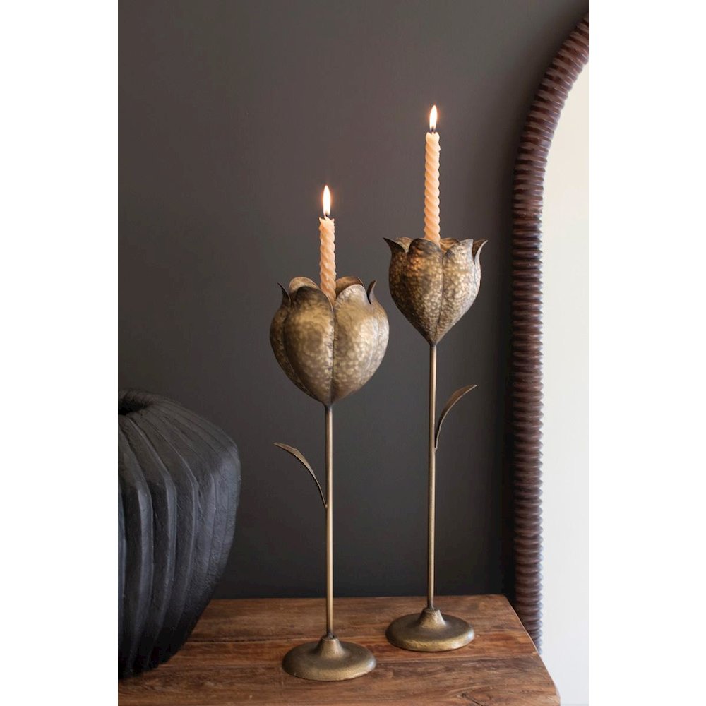 Set Of Two Antique Brass Tulip Taper Candle Holders