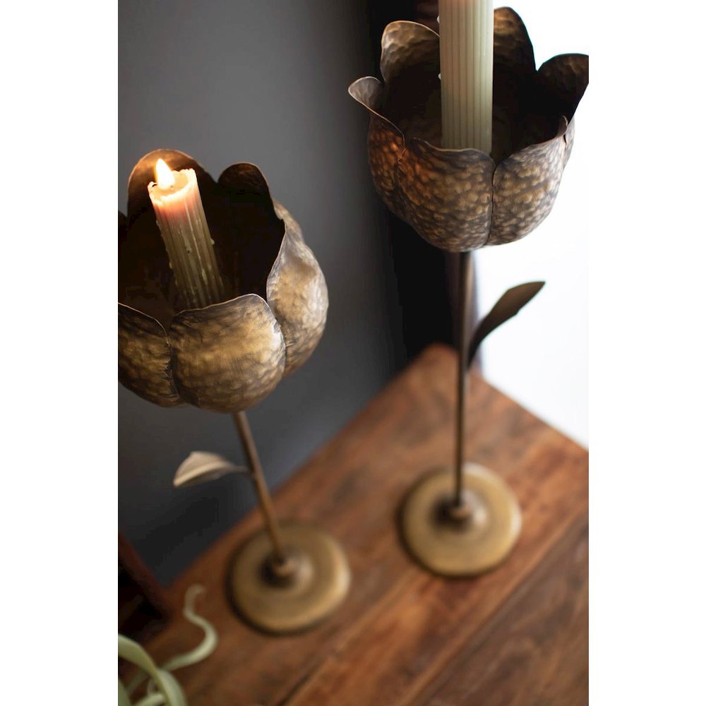 Set Of Two Antique Brass Tulip Taper Candle Holders