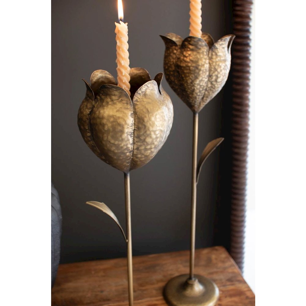 Set Of Two Antique Brass Tulip Taper Candle Holders