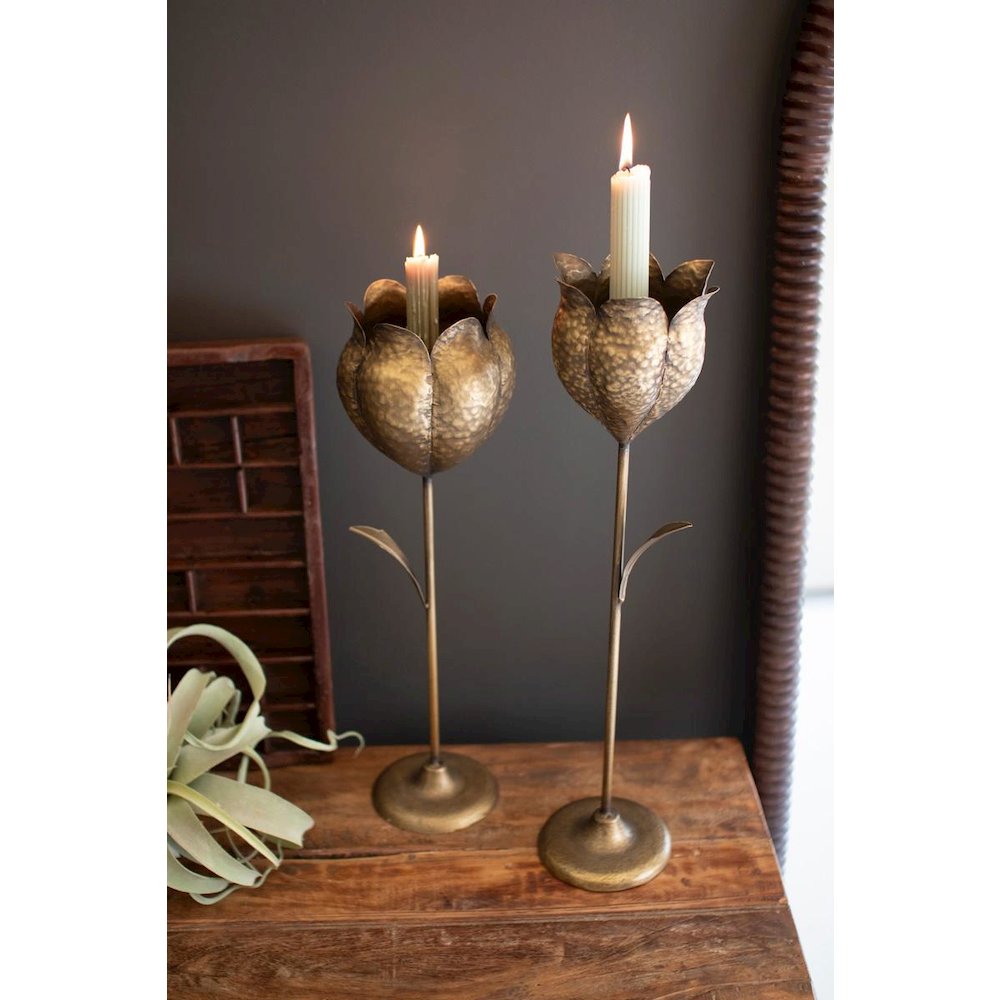 Set Of Two Antique Brass Tulip Taper Candle Holders