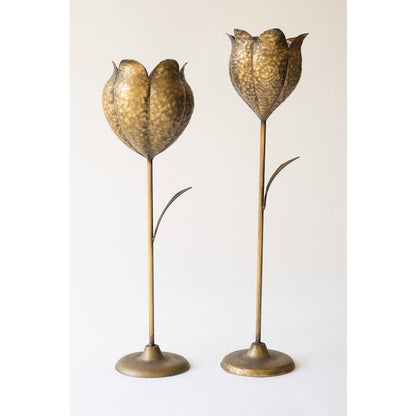 Set Of Two Antique Brass Tulip Taper Candle Holders