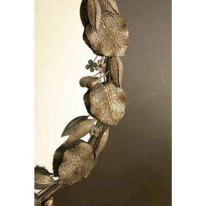 Round Rustic Framed Mirror with Leaf Detail