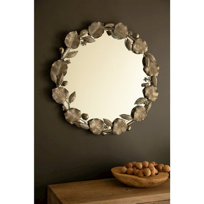 Round Rustic Framed Mirror with Leaf Detail