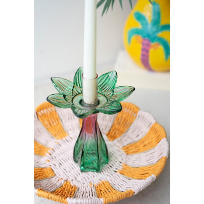 Set Of Two Colored Glass Flower Taper Candle Holders