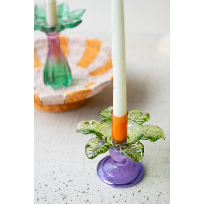Set Of Two Colored Glass Flower Taper Candle Holders