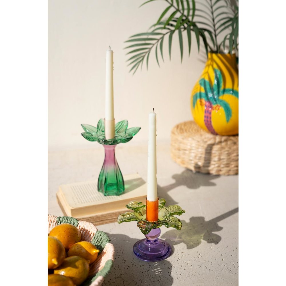 Set Of Two Colored Glass Flower Taper Candle Holders