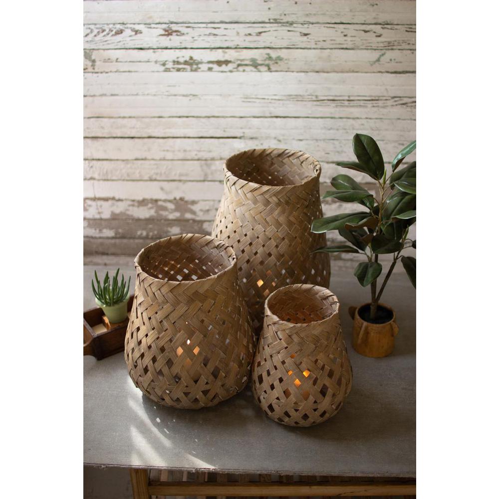 Set Of Three Woven Basket Lanterns With Glass