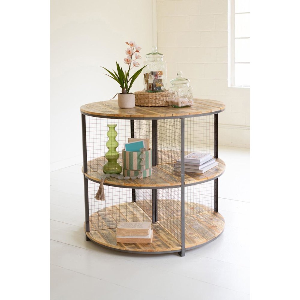 Round Iron And Wood Three Tiered Display Unit