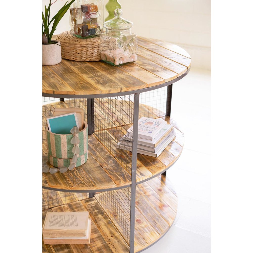 Round Iron And Wood Three Tiered Display Unit