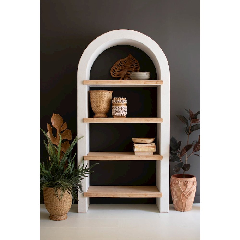 Textured Arched Shelving Unit With Four Wooden Shelves