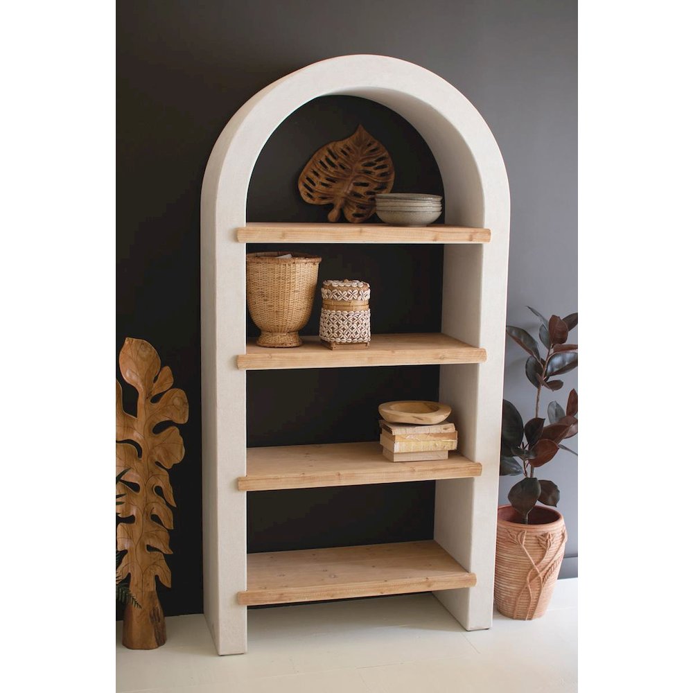 Textured Arched Shelving Unit With Four Wooden Shelves