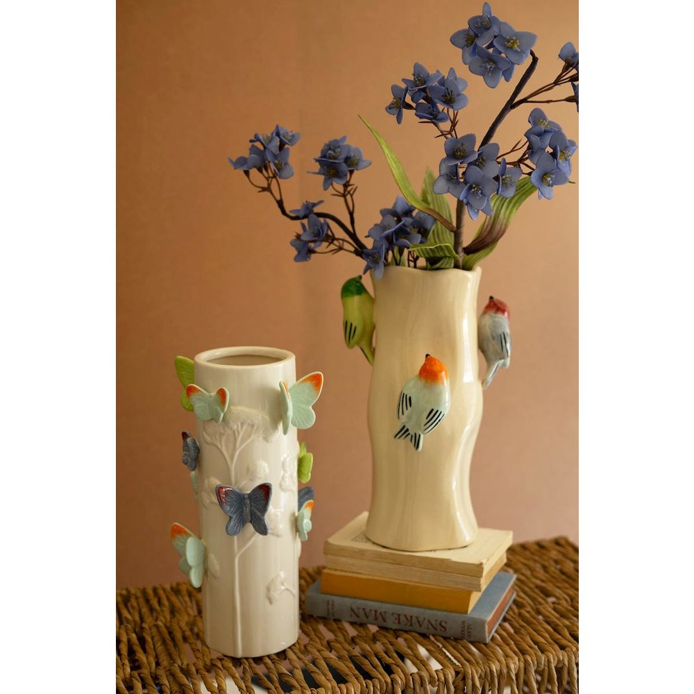 Ceramic Log Vase With Colorful Birds