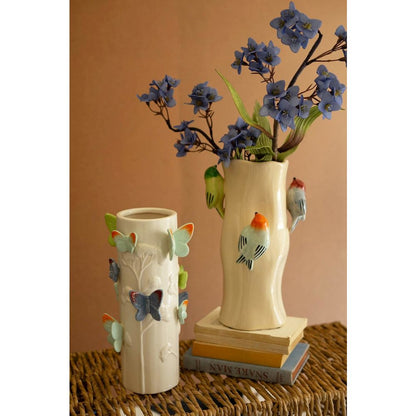 Ceramic Log Vase With Colorful Birds