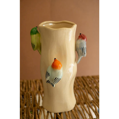 Ceramic Log Vase With Colorful Birds