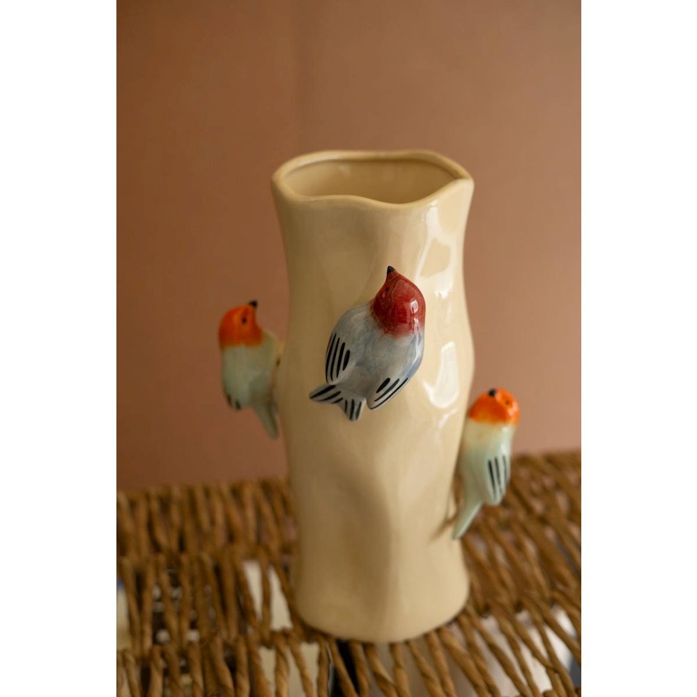 Ceramic Log Vase With Colorful Birds
