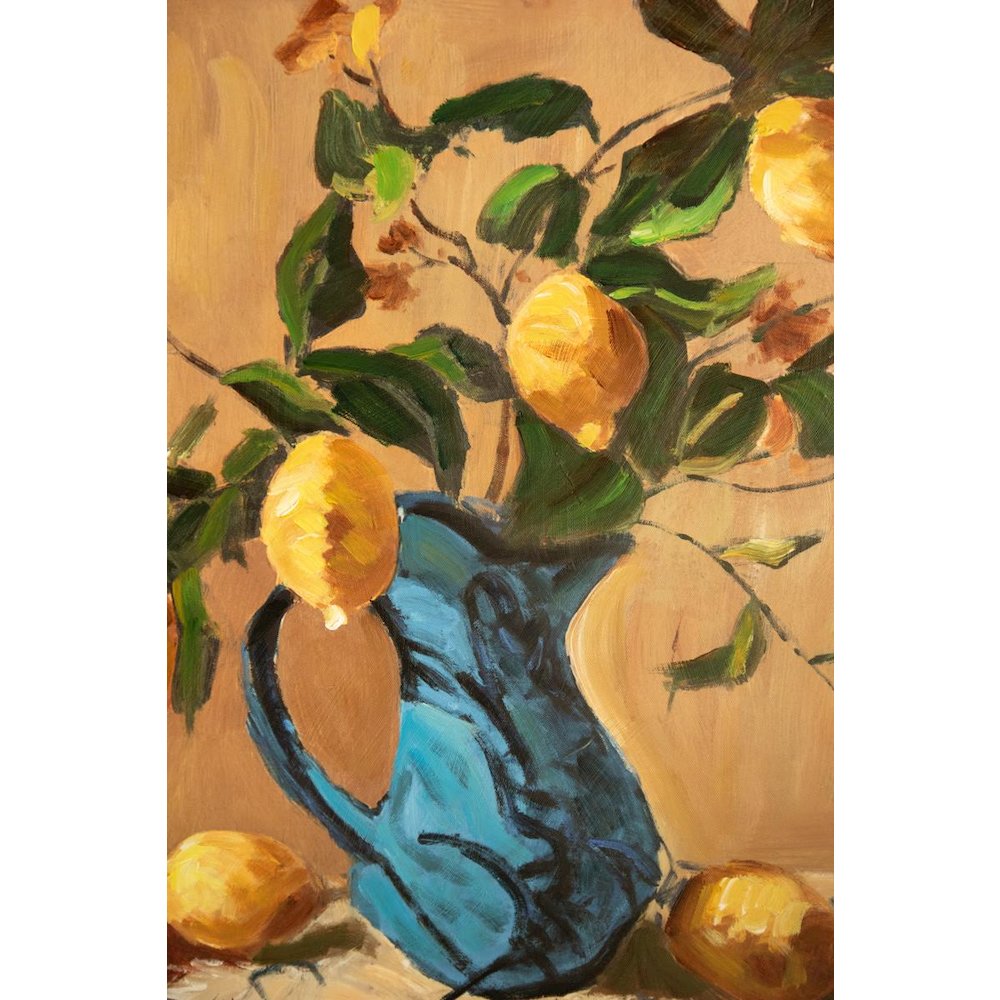 Framed Paint Over Print - Lemon Branch in a Blue Vase