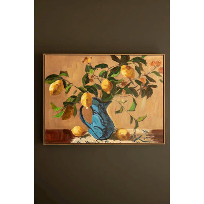 Framed Paint Over Print - Lemon Branch in a Blue Vase