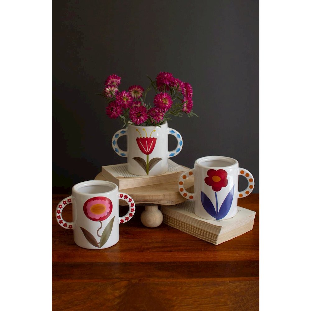 Set Of Three Ceramic Double Handle Vases With Flowers