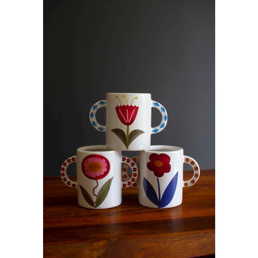 Set Of Three Ceramic Double Handle Vases With Flowers
