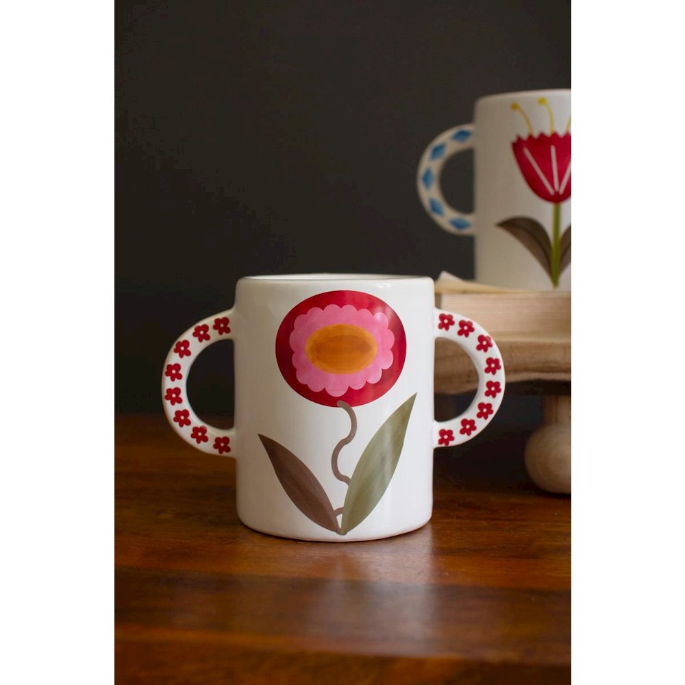 Set Of Three Ceramic Double Handle Vases With Flowers