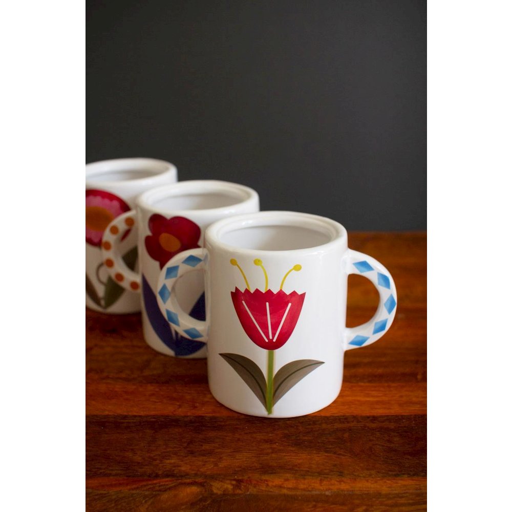 Set Of Three Ceramic Double Handle Vases With Flowers